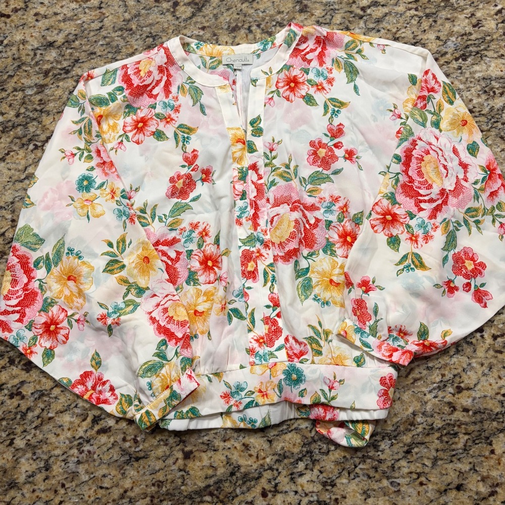 Chenault Floral Split Neck Blouse White Red Yellow Dolman Sleeve Back Tie Large